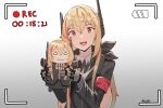  +_+ 1girl :d absurdres armband bandana black_jacket blonde_hair gar32 girls_frontline gradient gradient_background headgear highres holding jacket long_hair long_sleeves looking_at_viewer m4_sopmod_ii_(girls&#039;_frontline) mechanical_arms multicolored_hair open_mouth recording red_eyes signature smile solo streaked_hair upper_body very_long_hair viewfinder yellow_pupils 