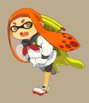  1girl bike_shorts fangs full_body hands_in_pockets inkling long_hair looking_at_viewer mask mota open_mouth orange_hair pointy_ears shoes simple_background smile sneakers solo splatoon_(series) standing tentacle_hair 