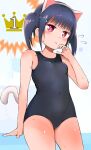  1girl animal_ears bangs bare_arms bare_shoulders black_swimsuit blue_hair blush breasts cat_ears cat_tail closed_mouth covered_navel eyebrows_visible_through_hair fake_animal_ears flying_sweatdrops fujisaka_lyric hair_ornament hairband hairclip hand_up loli nose_blush one-piece_swimsuit original red_eyes school_swimsuit sidelocks small_breasts solo swimsuit tail twintails wet white_hairband 