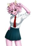  1girl :d absurdres arm_up ashido_mina bangs black_sclera boku_no_hero_academia breasts colored_sclera colored_skin commentary cowboy_shot deku_suke hand_on_hip highres horns large_breasts looking_at_viewer multicolored_nails nail_polish necktie open_mouth pink_hair pink_skin pleated_skirt red_necktie shirt short_hair simple_background skirt sleeves_rolled_up smile solo v white_background white_shirt wing_collar yellow_eyes 