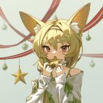  1girl animal_ear_fluff animal_ears arknights bangs bare_shoulders bauble beanstalk_(arknights) beanstalk_(gift_uncompleted)_(arknights) blush braid brown_eyes collarbone eyebrows_visible_through_hair green_hair green_hairband green_ribbon grey_background hair_ornament hairband hairclip highres holding large_ears long_hair long_sleeves looking_at_viewer neck_garter off-shoulder_sweater off_shoulder official_alternate_costume red_ribbon ribbon single_braid smile solo star_(symbol) sweater upper_body white_sweater zidu_(9478296) 