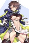 1girl absurdres ahoge ass_visible_through_thighs azur_lane baltimore_(azur_lane) bangs black_leotard blush boots braid breasts brown_hair center_opening clothing_cutout coat covered_nipples cowboy_shot eyebrows_visible_through_hair floating_hair garter_straps gloves groin hair_between_eyes hands_up highres large_breasts leotard long_sleeves looking_at_viewer nasaniliu navel open_clothes open_coat open_mouth pelvic_curtain purple_coat revision rigging short_hair simple_background solo stomach thigh-highs thigh_boots thighs torn_clothes underboob_cutout white_gloves yellow_eyes 