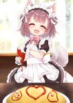  1girl :d animal_ear_fluff animal_ears azur_lane bangs blush brown_hair closed_eyes decorating double_bun extra_ears eyebrows_visible_through_hair heart highres ketchup_bottle kinomiki_(tales22) maid maid_headdress medium_hair omelet shiratsuyu_(azur_lane) shiratsuyu_(is_the_order_a_torpedo?)_(azur_lane) smile solo tail tail_wagging 