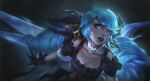  1girl bangs black_gloves blue_eyes blue_hair collarbone detached_sleeves drill_hair gloves gradient gradient_background grey_background gwen_(league_of_legends) highres league_of_legends long_hair puffy_short_sleeves puffy_sleeves red_lips shiny shiny_hair short_sleeves smile solo star-shaped_pupils star_(symbol) symbol-shaped_pupils teeth twin_drills twintails upper_body wumei_(wujiaheng) 