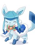  all_fours animal_focus bow capelet closed_eyes closed_mouth fur_trim glaceon hood hooded_capelet kana_(maple926) no_humans pokemon pokemon_(creature) shadow simple_background smile snowflake_print split_mouth striped striped_bow toes white_background 