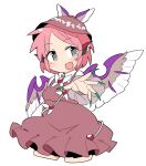  1girl animal_ears bangs bird_ears bird_wings brown_dress brown_headwear cropped_legs dress earrings eyebrows_visible_through_hair fang fingernails green_nails grey_eyes ini_(inunabe00) jewelry long_fingernails long_sleeves mystia_lorelei open_mouth pink_hair short_hair simple_background single_earring skin_fang solo standing touhou white_background white_wings winged_hat wings 