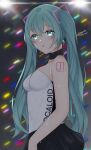  1girl 2022 absurdres aqua_eyes aqua_hair arm_tattoo bangs bare_shoulders black_choker black_skirt blurry blurry_background choker clothes_writing commentary copyright_name dripping eyebrows_visible_through_hair glowstick hatsune_miku highres looking_at_viewer miniskirt mizoshi-x number_tattoo parted_lips skirt sleeveless sweat tattoo turning_head twintails vocaloid 
