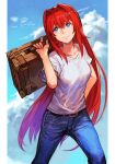  1girl aozaki_aoko arm_behind_back bangs belt belt_buckle black_belt blue_eyes blue_pants blue_sky buckle closed_mouth clouds collarbone day denim eyebrows_visible_through_hair hair_between_eyes hair_intakes hankuri holding holding_suitcase jeans lips long_hair looking_at_viewer melty_blood melty_blood:_type_lumina outdoors outside_border pants pillarboxed pink_lips redhead shirt short_sleeves sidelocks sky smile solo suitcase t-shirt tsukihime tsukihime_(remake) very_long_hair white_shirt 