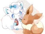  2girls alolan_vulpix animal_focus animal_hands blue_bow blue_eyes blush bow closed_eyes closed_mouth commentary eevee food food_in_mouth hair_bow hair_ornament in_mouth kana_(maple926) looking_at_another multiple_girls no_humans pocky pokemon pokemon_(creature) simple_background sitting tail tail_wagging 