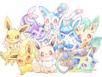  :3 :d alternate_color animal_focus blue_eyes closed_eyes closed_mouth commentary eevee espeon everyone flareon glaceon jolteon kana_(maple926) leafeon looking_at_viewer no_humans open_mouth pokemon pokemon_(creature) red_eyes shiny_pokemon simple_background smile split_mouth sylveon toes umbreon vaporeon violet_eyes white_background yellow_eyes 