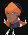  1boy absurdres black_background black_hoodie blue_eyes brown_hair closed_mouth collared_shirt commentary_request dark-skinned_male dark_skin headband highres hood hoodie kottonmouth looking_at_viewer male_focus orange_headband pokemon pokemon_(game) pokemon_swsh raihan_(pokemon) shirt short_hair simple_background smile solo 