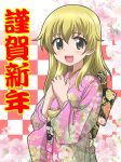  1girl :d bangs blonde_hair carpaccio_(girls_und_panzer) checkered_background cherry_blossoms closed_mouth commentary eyebrows_visible_through_hair floral_background floral_print furisode girls_und_panzer green_eyes hands_on_own_chest hanzou highres japanese_clothes kimono long_hair looking_at_viewer obi own_hands_together pink_kimono print_kimono sash smile solo standing 
