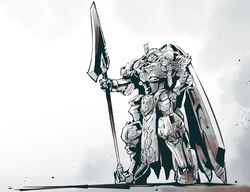  from_side gilbatiga greyscale highres holding holding_polearm holding_weapon ishiyumi knight&#039;s_&amp;_magic lance looking_ahead mecha monochrome no_humans pelvic_curtain polearm shadow solo standing weapon 