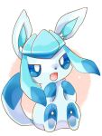  :d animal animal_focus blue_eyes commentary_request fang glaceon kana_(maple926) no_humans open_mouth pokemon pokemon_(creature) simple_background sitting skin_fang smile tail_raised toes two-tone_background white_background 