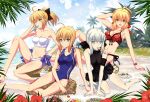  4girls aestus_estus ahoge artoria_pendragon_(all) bare_shoulders bikini black_bow blonde_hair blue_bow blush boots bow braid breasts brown_bow closed_mouth commentary_request detached_sleeves dress facial_mark fate/extra fate/grand_order fate_(series) gauntlets glowing glowing_sword glowing_weapon green_eyes hair_bow hair_bun hair_intakes hair_ribbon halodark highres ice_cream knee_boots light_brown_hair long_sleeves looking_at_viewer medium_breasts multiple_girls nero_claudius_(fate) nero_claudius_(fate)_(all) parted_lips puffy_short_sleeves puffy_sleeves red_bikini red_ribbon ribbon saber saber_alter saber_lily short_sleeves sidelocks sleeveless sleeveless_dress sleeves_past_wrists small_breasts smile swimsuit white_bikini 