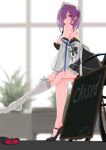  azur_lane black_dress black_footwear blurry blurry_background blush breasts commentary_request dress dressing hair_over_one_eye high_heels highres large_breasts looking_at_viewer maid maid_headdress p.i.t.d penelope_(azur_lane) penelope_(salty_maid)_(azur_lane) purple_hair shoe_removed short_dress short_hair single_thighhigh sitting thigh-highs violet_eyes 