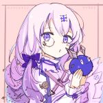  1girl arcaea blush braid crescent highres lagrange_(arcaea) looking_to_the_side monocle moon pale_skin pink_background purple_hair star_(symbol) violet_eyes weyiyuntfn 