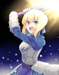  1girl ahoge artoria_pendragon_(all) blonde_hair blue_ribbon breasts cleavage_cutout clothing_cutout excalibur_(fate/stay_night) fate/grand_order fate/stay_night fate_(series) green_eyes hair_bun hair_ribbon holding holding_weapon juliet_sleeves long_sleeves maru_(pixiv51714255) medium_breasts puffy_sleeves ribbon saber solo sword weapon 