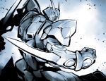  clenched_hands fighting_stance from_side head_tilt highres ishiyumi looking_down mecha monochrome no_humans science_fiction solo soulgain super_robot super_robot_wars super_robot_wars_original_generation 