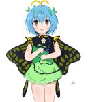  1girl absurdres antennae aqua_hair bad_id bad_pixiv_id brown_eyes butterfly_wings chaleu dress eternity_larva eyebrows_visible_through_hair fairy fang flower green_dress hair_between_eyes highres holding holding_flower leaf leaf_on_head multicolored_clothes multicolored_dress open_mouth short_hair short_sleeves signature simple_background single_strap solo third-party_source touhou white_background white_flower wings 