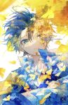  1boy autumn_leaves blue_eyes blue_hair blue_skirt collared_shirt expressionless floating_hair ginkgo_leaf haru_hp25 highres long_sleeves looking_at_viewer male_focus multicolored_eyes original shirt short_hair skirt solo upper_body yellow_eyes 