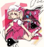  1girl ascot bangs blonde_hair bobby_socks bow crystal eyebrows_visible_through_hair flandre_scarlet frilled_shirt frilled_shirt_collar frilled_skirt frilled_sleeves frills hair_between_eyes hat hat_ribbon highres laevatein_(touhou) mary_janes medium_hair mob_cap one_side_up open_mouth puffy_short_sleeves puffy_sleeves red_bow red_eyes red_footwear red_ribbon red_skirt red_vest ribbon rpameri shirt shoes short_sleeves skirt socks solo touhou vest white_legwear white_shirt wings yellow_ascot 