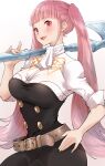  1girl axe bangs breasts fire_emblem fire_emblem:_three_houses garreg_mach_monastery_uniform highres hilda_valentine_goneril kurosususu large_breasts looking_at_viewer open_mouth pink_eyes pink_hair simple_background sleeves_rolled_up smile solo twintails uniform white_background 