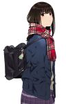  1girl bag bangs black_hair black_jacket brown_sweater eyebrows_visible_through_hair fringe_trim hand_in_pocket jacket looking_at_viewer looking_to_the_side mattaku_mousuke open_clothes open_jacket original plaid plaid_scarf pleated_skirt purple_skirt red_eyes red_scarf scarf school_bag school_uniform simple_background skirt solo sweater twitter_username watermark white_background 