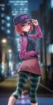  1girl absurdres ass baseball_cap black_headwear blurry blurry_background casual feet_out_of_frame hand_in_pocket hand_on_headwear hat highres long_sleeves looking_at_viewer looking_back love_live! love_live!_school_idol_project nishikino_maki pants purple_hair red_skirt redhead short_hair skirt solo standing striped striped_legwear sweater tight tight_pants tongue tongue_out turtleneck turtleneck_sweater two-tone_sweater yj 