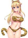  1girl absurdres alternate_costume animal_ears animal_print bikini blonde_hair blue_eyes breasts cleavage_cutout clothing_cutout double_bun fake_animal_ears fake_tail fletcher_(kancolle) heart_cutout highres kantai_collection large_breasts long_hair navel print_bikini ruin_re_birth simple_background solo strapless strapless_bikini swimsuit tail tiger_ears tiger_print tiger_tail white_background 