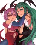  2girls 6maker absurdres bangs bat_wings blunt_bangs breasts bridal_gauntlets demon_girl elbow_gloves gloves green_eyes green_hair hair_between_eyes head_wings highres large_breasts lilith_aensland long_hair morrigan_aensland multiple_girls open_mouth purple_hair short_hair simple_background small_breasts smile upper_body vampire_(game) violet_eyes white_background wings 