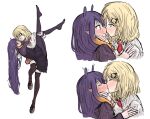 2girls black_legwear blonde_hair blue_eyes blush carrying closed_eyes commentary ear_blush english_commentary eye_contact face-to-face facing_another from_side gradient_hair highres hololive hololive_english kiss long_hair long_sleeves looking_at_another medium_hair mole mole_under_eye multicolored_hair multiple_girls multiple_views ninomae_ina&#039;nis orange_hair pantyhose pointy_ears princess_carry profile purple_hair purple_legwear ribbed_sleeves sidelocks swoog tentacle_hair thigh-highs very_long_hair virtual_youtuber watson_amelia white_background yuri 