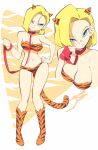  1girl aetherion alternate_costume android_18 animal_print bikini blonde_hair blue_eyes boots breasts collar dragon_ball dragon_ball_z earrings embarrassed full_body hand_on_hip highres horns jewelry looking_at_viewer looking_away medium_breasts navel short_hair simple_background solo standing strapless strapless_bikini swimsuit tail tiger_print tiger_tail 