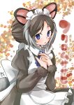  1girl animal_ears apron blue_eyes brooch brown_dress brown_hair character_name chiki_yuuko commentary_request copyright_name dress eyebrows_visible_through_hair greater_glider_(kemono_friends) grey_hair grey_tail jewelry kemono_friends maid maid_apron maid_headdress multicolored_hair open_mouth solo tail translated two-tone_hair 