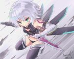  1girl absurdres asymmetrical_gloves bare_shoulders black_footwear black_panties closed_mouth dated dual_wielding eyebrows_visible_through_hair fate/apocrypha fate/grand_order fate_(series) gloves green_eyes highres holding jack_the_ripper_(fate/apocrypha) knife looking_at_viewer melt_(ghfla10) navel panties scar scar_across_eye short_hair silver_hair solo thigh-highs underwear 