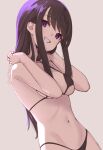  1girl artist_name bare_arms bikini black_bikini brown_hair commentary dated_commentary eyebrows_visible_through_hair grey_background long_hair looking_at_viewer micro_bikini navel open_mouth original simple_background skeptycally smile solo swimsuit upper_body violet_eyes 