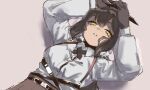  1girl animal_hands arknights artist_name belt brown_hair collared_shirt commentary dated_commentary holding holding_knife knife long_hair long_sleeves looking_at_viewer lying on_back parted_lips robin_(arknights) shirt skeptycally solo upper_body white_shirt yellow_eyes 
