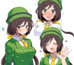  ... 1girl :t @_@ absurdres bangs blush bowler_hat breasts brown_hair buttons closed_eyes collared_shirt commentary_request double-breasted green_eyes green_headwear green_jacket hat hayakawa_tazuna heart highres jacket jitome large_breasts long_hair looking_at_viewer maruzen18 multiple_views necktie nose_blush open_mouth pout shirt short_hair smile spoken_ellipsis sweatdrop umamusume upper_body v-shaped_eyebrows waving white_shirt yellow_necktie 