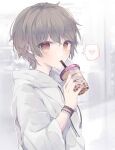  1boy blush brown_eyes brown_hair bubble_tea heart highres looking_at_viewer looking_to_the_side male_focus original pale_skin pamogyu pastel_colors red_eyes 