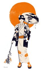  1boy black_hair canaco014 circle closed_eyes floral_print flower hair_flower hair_ornament haori holding holding_plant holding_umbrella japanese_clothes kimono mouth_hold orange_legwear original plant sandals short_hair socks solo umbrella white_background white_flower white_kimono 