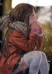  1girl breath brown_eyes brown_hair coat long_hair mittens murata_range original scarf skirt snowing solo thigh-highs white_legwear 