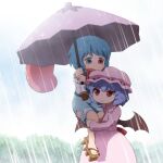  2girls back_bow bangs bat_wings blue_eyes blue_hair blue_skirt blue_vest blush bow bush chibi closed_mouth commentary_request dress feet_out_of_frame frilled_sleeves frills geta heterochromia highres karakasa_obake light_purple_hair long_sleeves multiple_girls open_mouth pink_dress rain red_eyes red_sash remilia_scarlet sandals sash shirosato short_hair skirt smile sweatdrop tatara_kogasa touhou umbrella vest walking wavy_mouth wings younger 