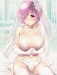  1girl ass_visible_through_thighs blurry blurry_background blush bra breasts bridal_gauntlets bridal_lingerie bridal_veil collarbone commentary_request dermar dress eyebrows_visible_through_hair fate/grand_order fate_(series) garter_straps hair_over_eyes highres large_breasts lingerie looking_at_viewer mash_kyrielight navel own_hands_together panties parted_lips purple_hair sidelocks signature sitting solo thigh-highs underwear veil violet_eyes wariza wedding_dress white_bra white_legwear white_panties 