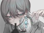  1boy bandages bandaid blue_eyes blush brown_hair ear_piercing earrings gloves grey_hair highres jewelry kuleha_s looking_to_the_side male_focus middle_finger original pale_skin piercing silver_hair 