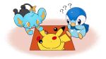  :d ? ?? blue_eyes commentary_request fangs looking_down no_humans official_art open_mouth pikachu piplup pokemon pokemon_(creature) project_pochama shinx sitting smile sweatdrop toes yellow_eyes yellow_pupils 