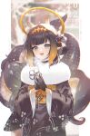  1girl 2022 2nii :d animal_ears artist_name bangs black_gloves black_hair black_kimono blue_eyes blunt_bangs blurry blurry_background breath choker cold cowboy_shot english_text floral_print fur_shawl fur_trim gloves gradient_hair hair_ribbon hair_rings hair_up hairband halo hands_up happy_new_year heart heart-shaped_pupils hololive hololive_english japanese_clothes kimono long_sleeves looking_afar mole mole_under_eye multicolored_hair new_year ninomae_ina&#039;nis obi open_mouth orange_hair own_hands_together pointy_ears praying ribbon sash shawl sidelocks smile snowing solo symbol-shaped_pupils tentacle_hair tentacles violet_eyes virtual_youtuber wide_sleeves 