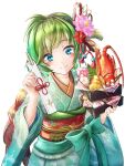  1girl alternate_costume bento blue_eyes bow clear_glass_(mildmild1311) fire_emblem fire_emblem:_the_blazing_blade fish_(food) furisode green_hair green_kimono hairband highres japanese_clothes kimono long_sleeves looking_at_viewer nino_(fire_emblem) obi purple_hairband sash seafood short_hair smile solo upper_body wide_sleeves 