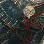  1boy armor bad_id bad_pixiv_id bangs black_cape black_coat cannon cape closed_mouth coat elona expressionless formal grey_hair gun hair_over_one_eye harusame_(rueken) high_collar holding holding_gun holding_weapon long_coat long_sleeves looking_away machinery male_focus mani_of_machine mechanical_hands mechanical_parts one_eye_covered pauldrons pump_action red_eyes shiny shiny_hair short_hair shotgun shoulder_armor solo sweater swept_bangs tsurime turtleneck turtleneck_sweater upper_body weapon 