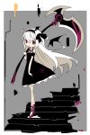  1girl :o ahoge ankle_lace-up bangs bare_shoulders black_bow black_dress black_hairband black_wings blush_stickers border bow commission cross-laced_footwear crossed_legs demon_wings detached_collar detached_wings dress floating_hair frilled_bow frills from_side full_body grey_background hair_between_eyes hair_bow hairband hand_up head_wings highres holding holding_polearm holding_scythe holding_weapon huge_weapon limited_palette lolita_hairband long_hair looking_at_viewer looking_to_the_side neck_ribbon no_nose no_pupils off-shoulder_dress off_shoulder original outside_border over_shoulder parted_lips petticoat polearm purple_footwear purple_ribbon ribbon scythe shoes short_sleeves single_head_wing skeb_commission solo stairs standing swept_bangs tareme very_long_hair watson_cross weapon weapon_over_shoulder white_border white_hair wing_collar wings wrist_extended yukihi 
