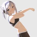  1girl artist_name bare_arms black_hairband black_shorts black_sports_bra breasts brown_eyes closed_mouth commentary dated_commentary dutch_angle from_side grey_background grey_hair hairband long_hair looking_at_viewer looking_to_the_side midriff original ponytail shorts simple_background skeptycally small_breasts solo sports_bra stretch upper_body 